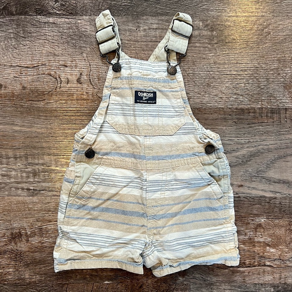 Oshkosh Bgosh Striped Tan, Blue, Cream Shorts Overalls Size 12 Months